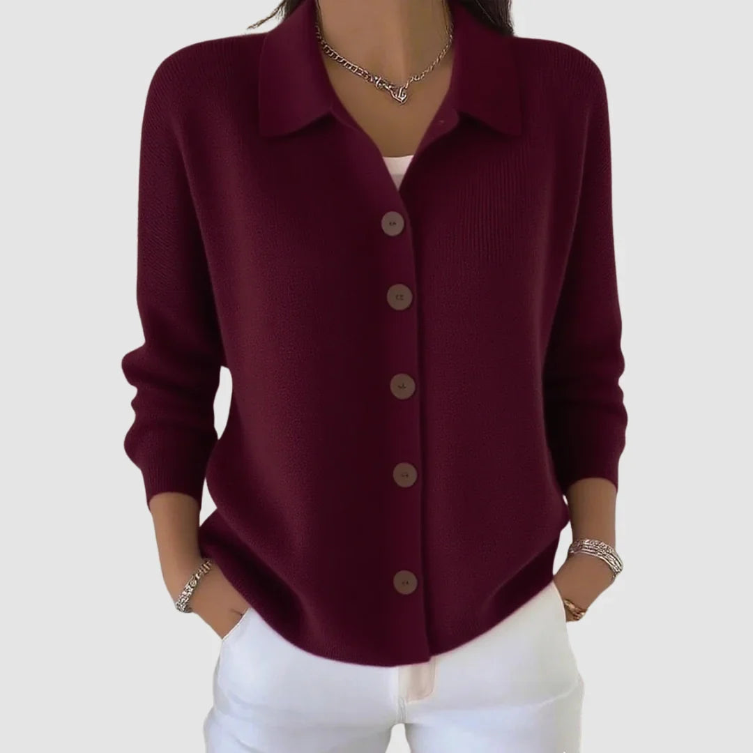 Women's Collared Knit Cardigan with Button Front and Ribbed Cuffs