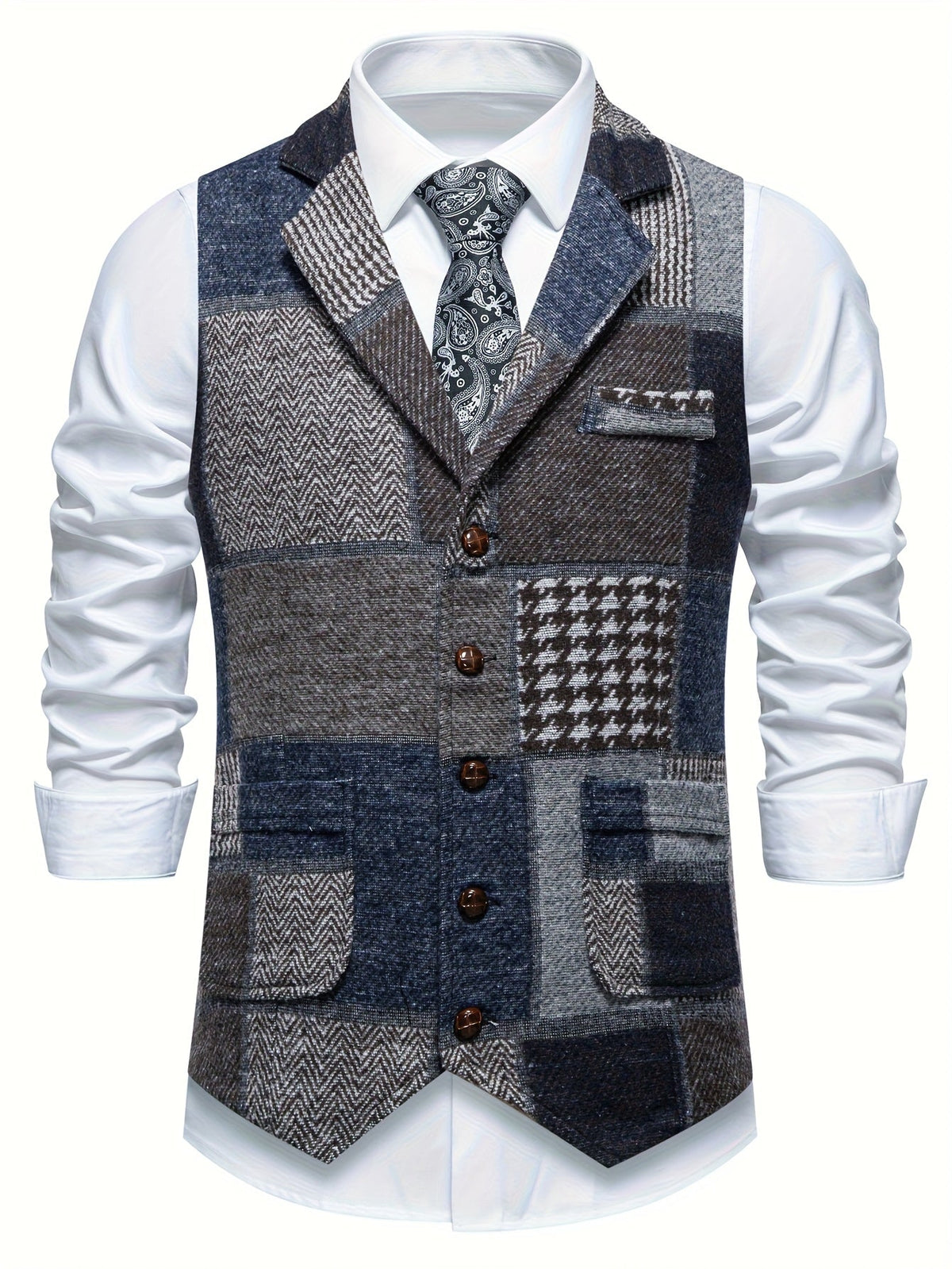 Men's Plaid Button-Front Waistcoat with Lapel Collar