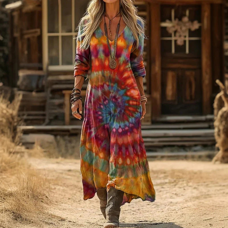 Women's Patterned Long-Sleeve Maxi Dress