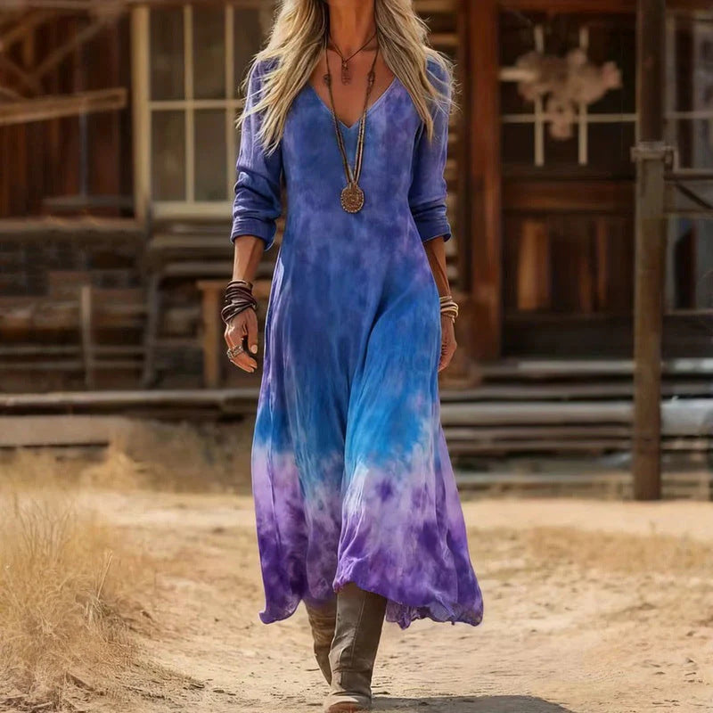 Women's Patterned Long-Sleeve Maxi Dress
