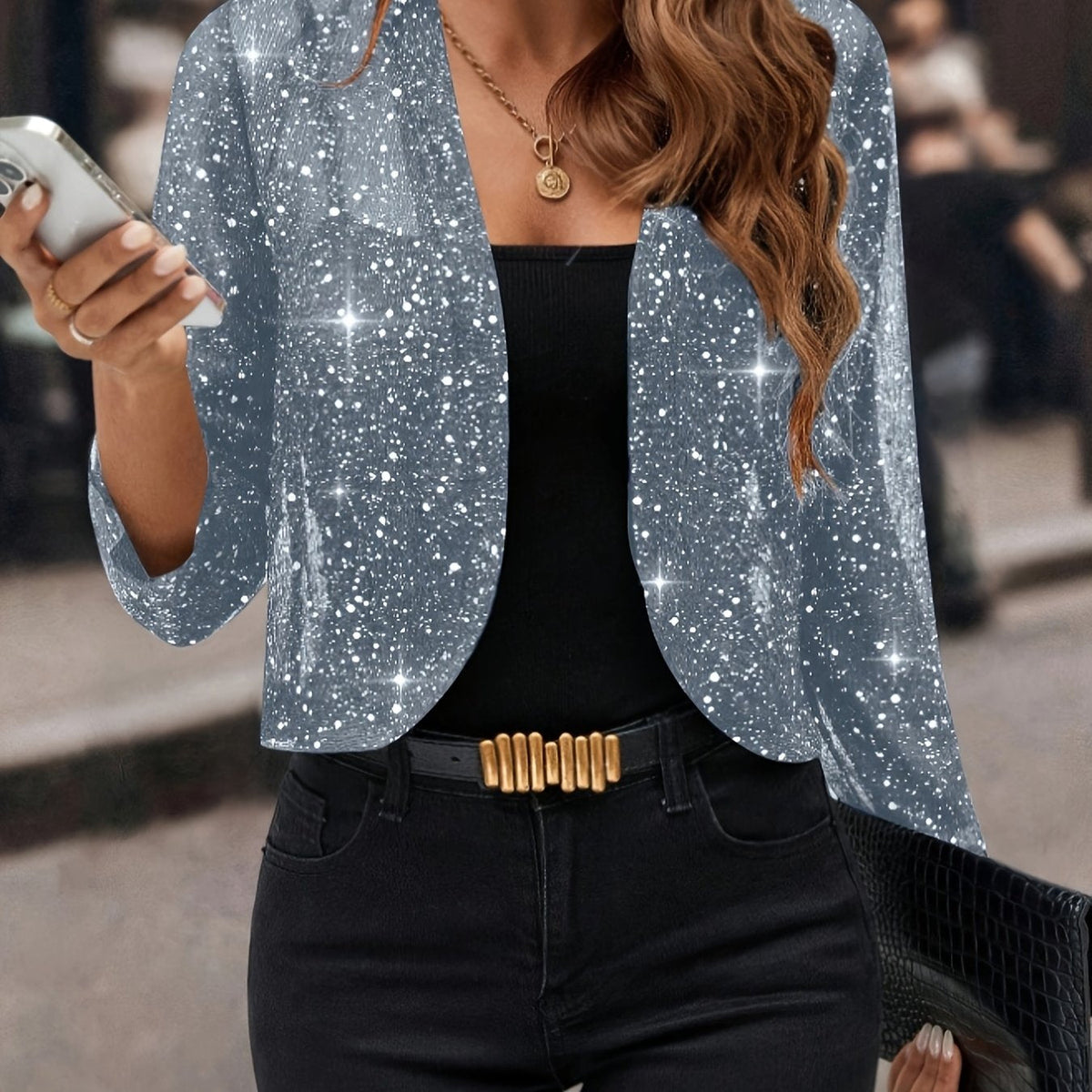 Women's Cropped Jacket with Sparkling Surface Detail