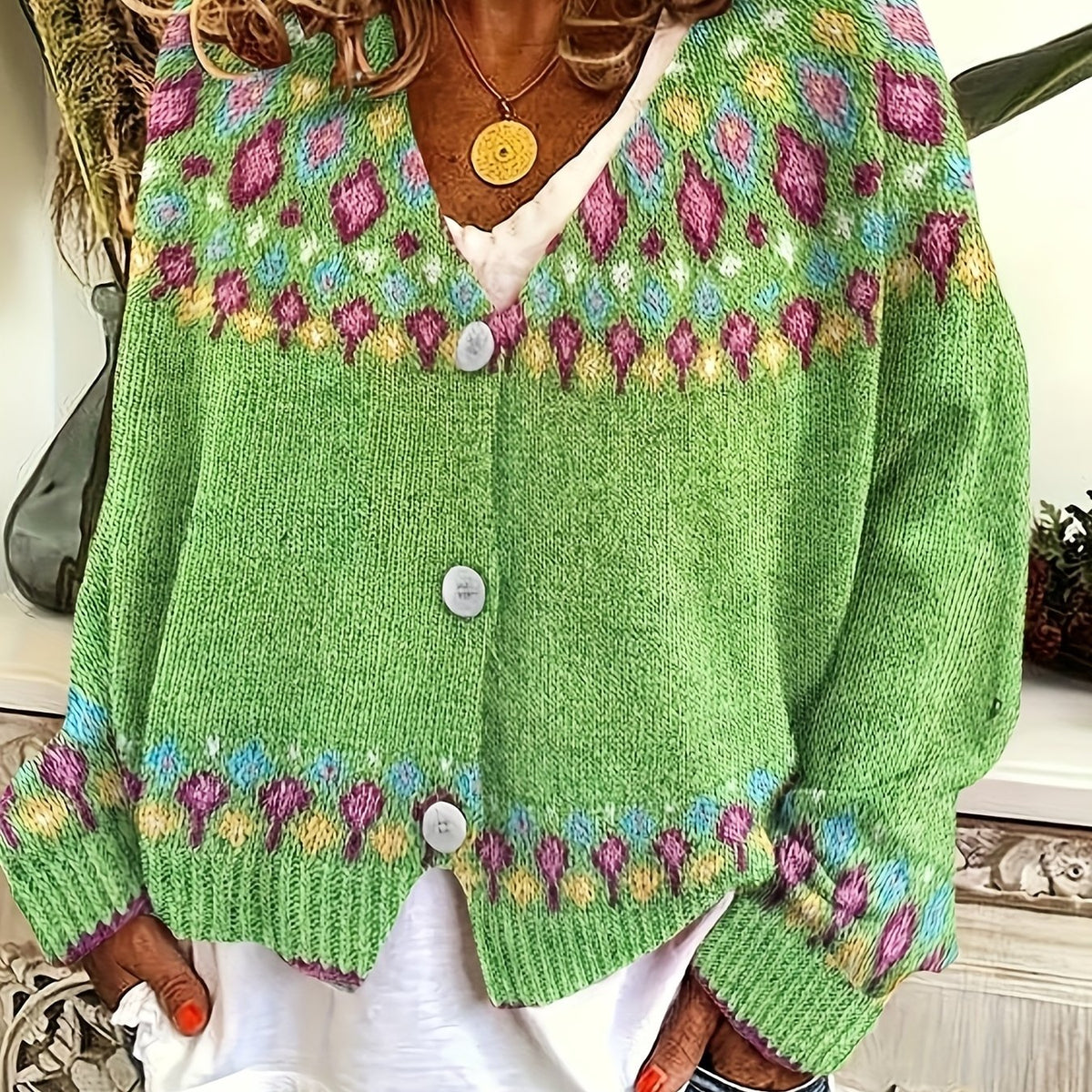 Women's Floral-Pattern V-Neck Button Cardigan