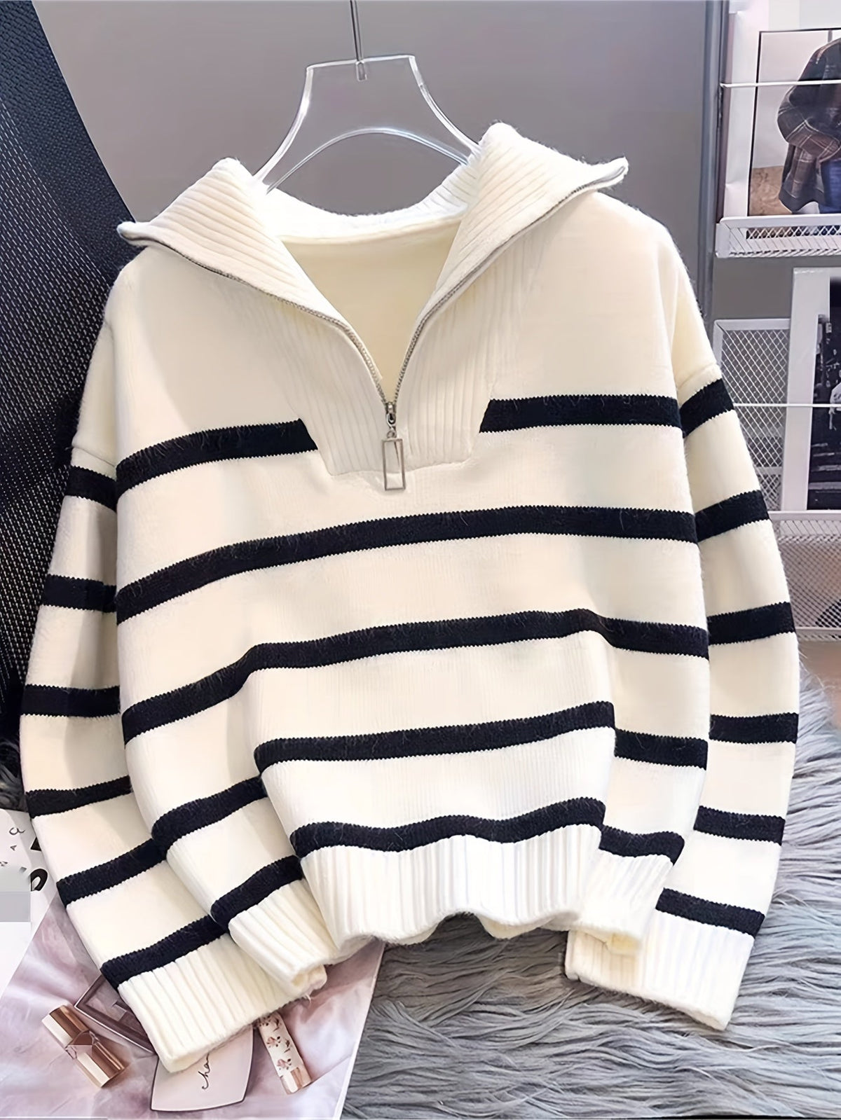 Women's Striped Quarter-Zip Sweater