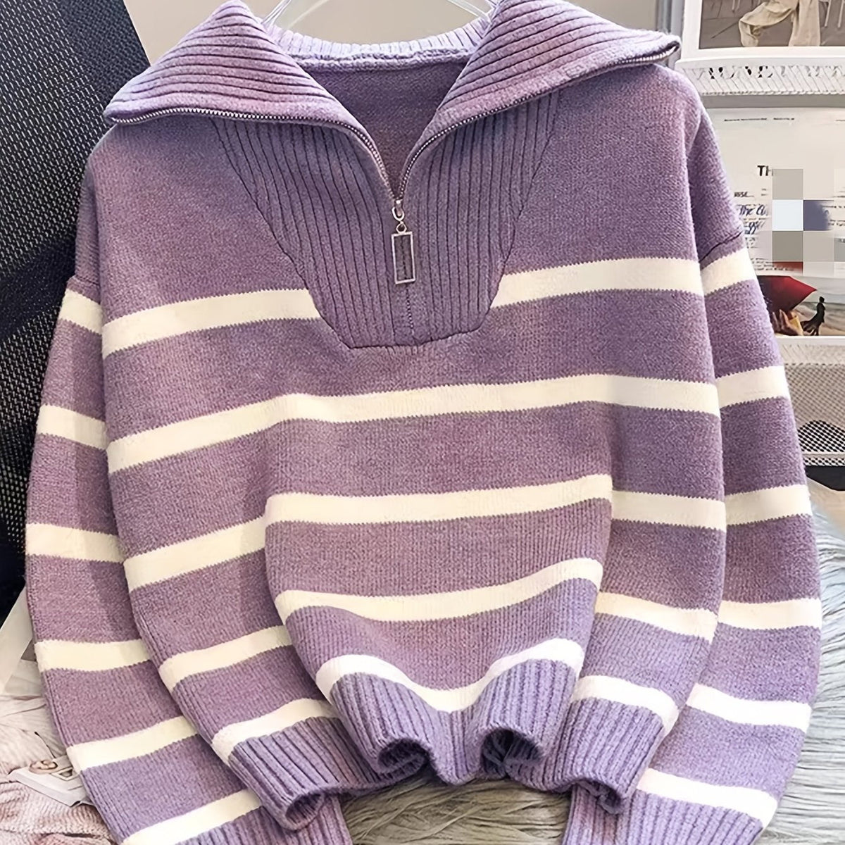 Women's Striped Quarter-Zip Sweater