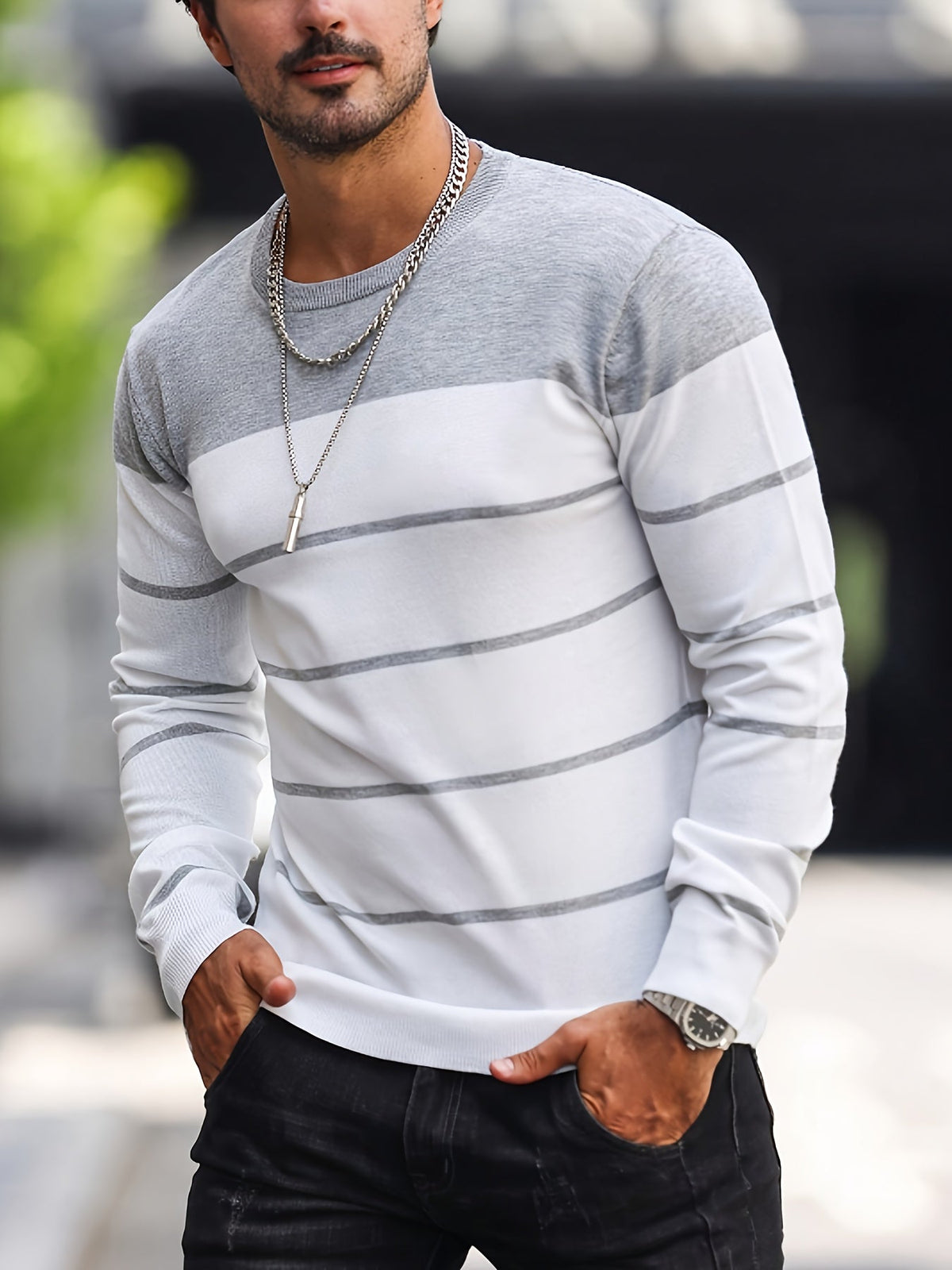 Men's Striped Long-Sleeve Knit Sweater