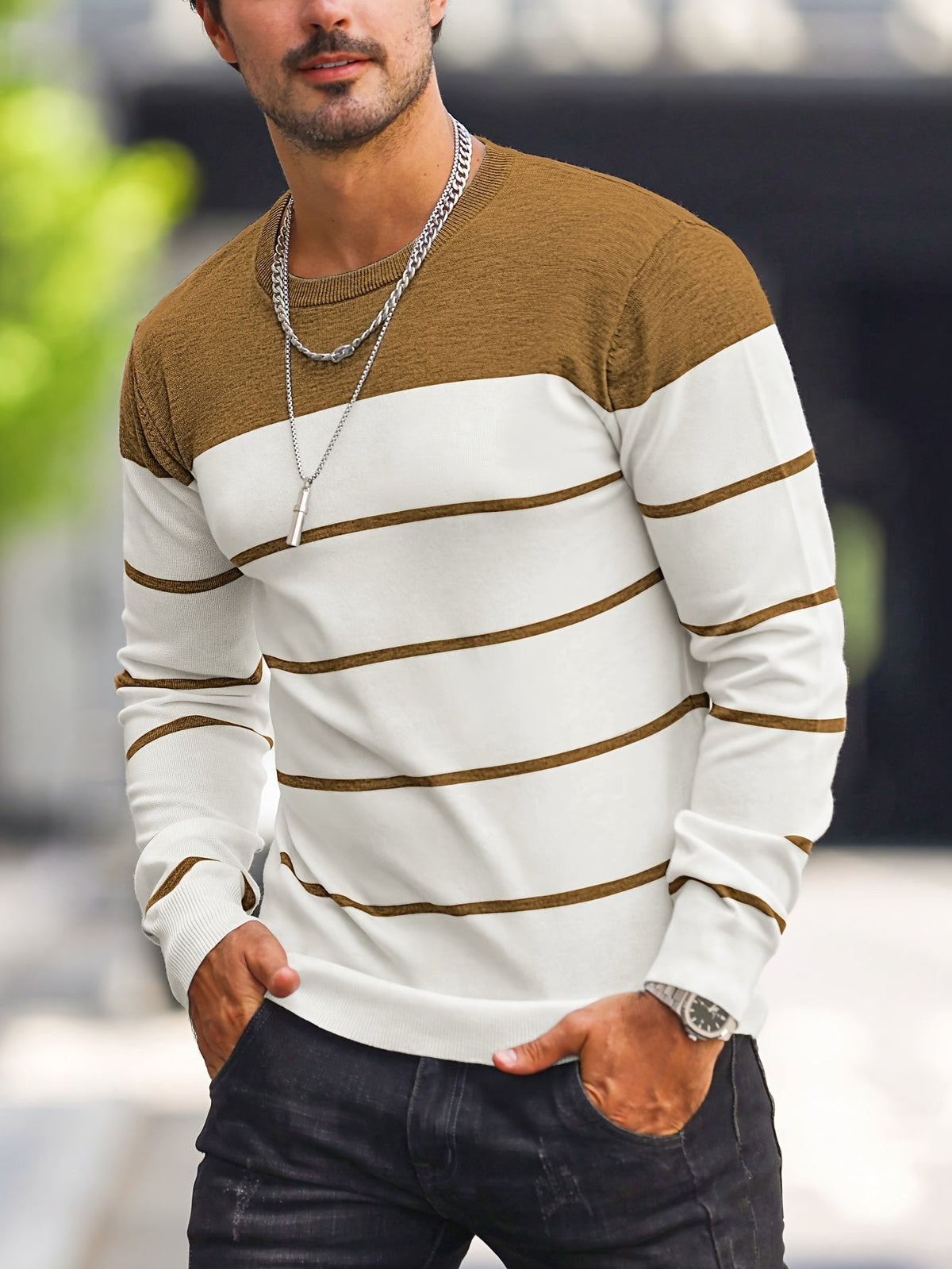 Men's Striped Long-Sleeve Knit Sweater
