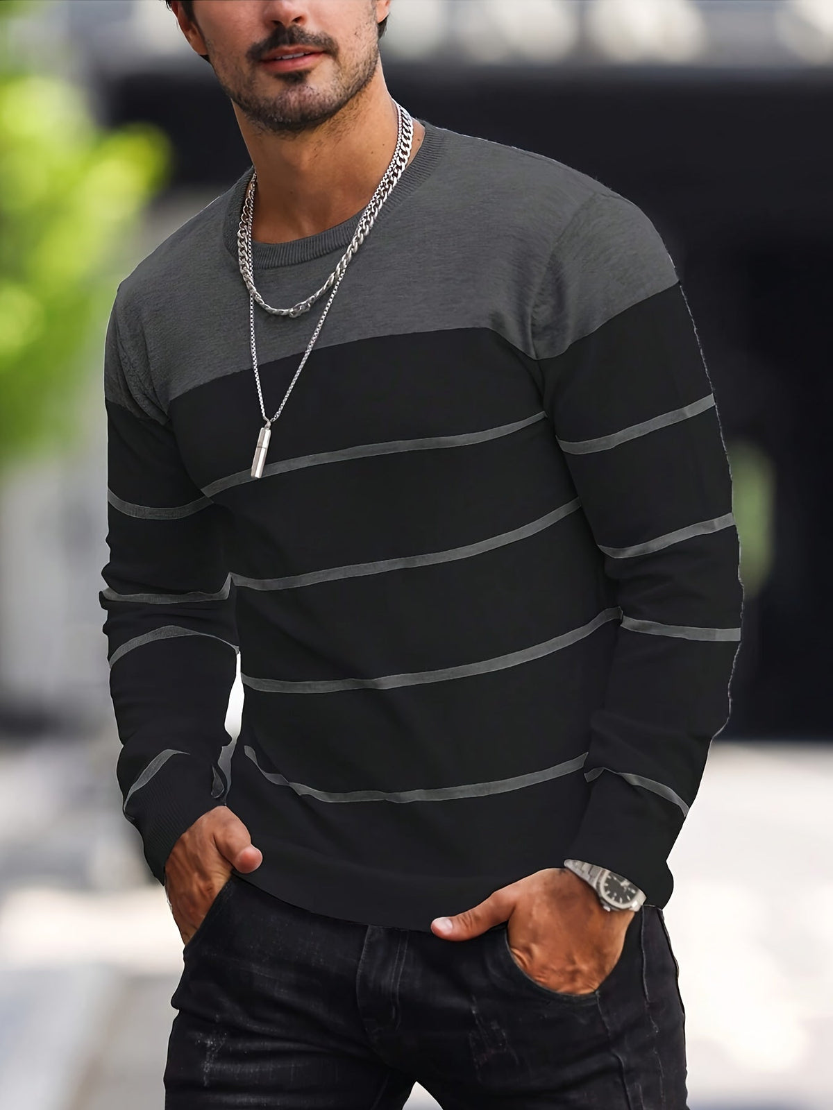 Men's Striped Long-Sleeve Knit Sweater