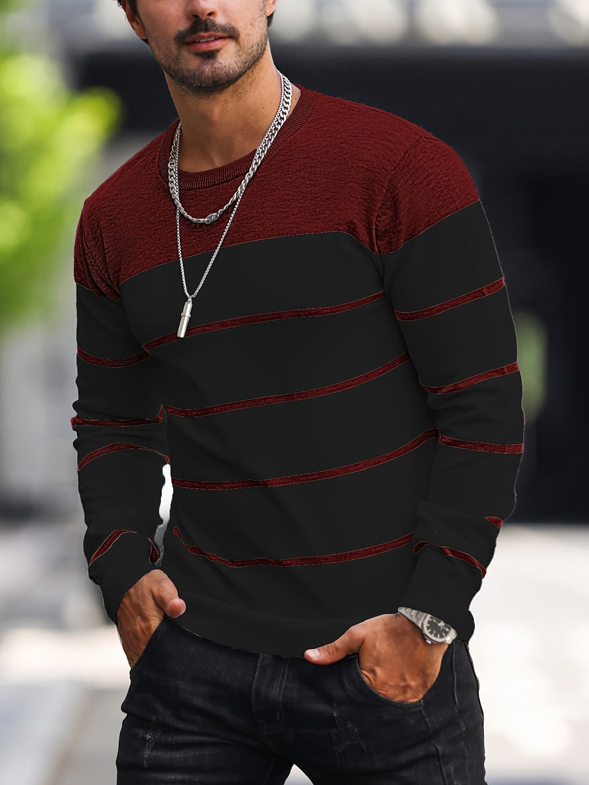 Men's Striped Long-Sleeve Knit Sweater