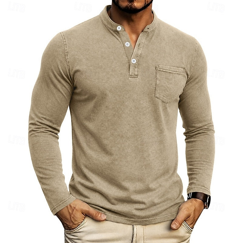 Men's Henley Long-Sleeve Shirt with Chest Pocket
