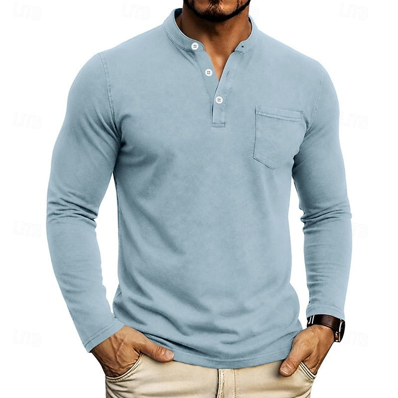 Men's Henley Long-Sleeve Shirt with Chest Pocket