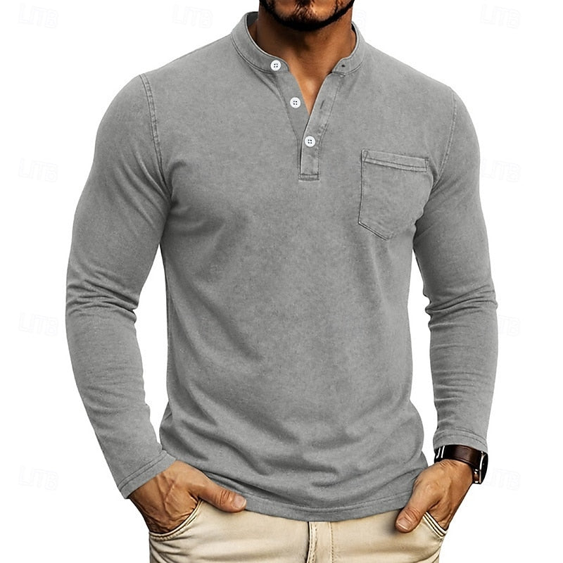 Men's Henley Long-Sleeve Shirt with Chest Pocket