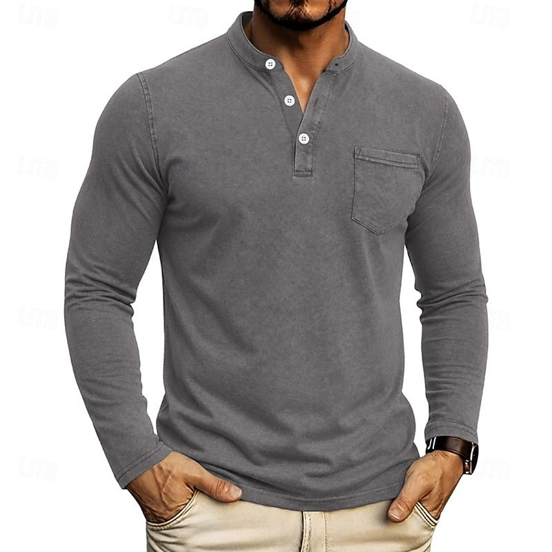 Men's Henley Long-Sleeve Shirt with Chest Pocket