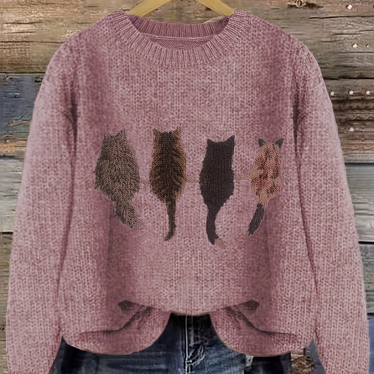 Women's Cat-Motif Crewneck Sweater