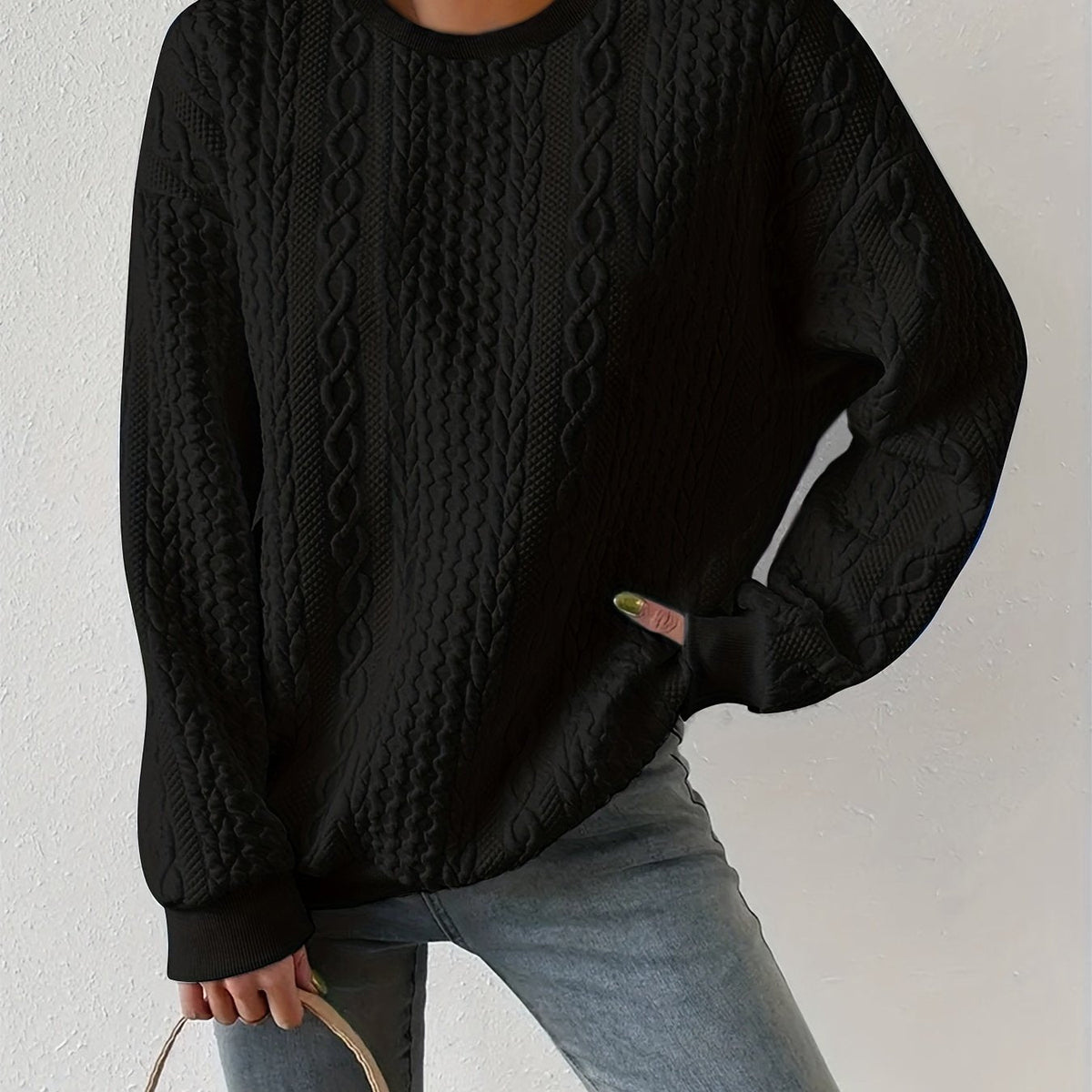 Women's Cable-Knit Crewneck Sweater with Long Sleeves