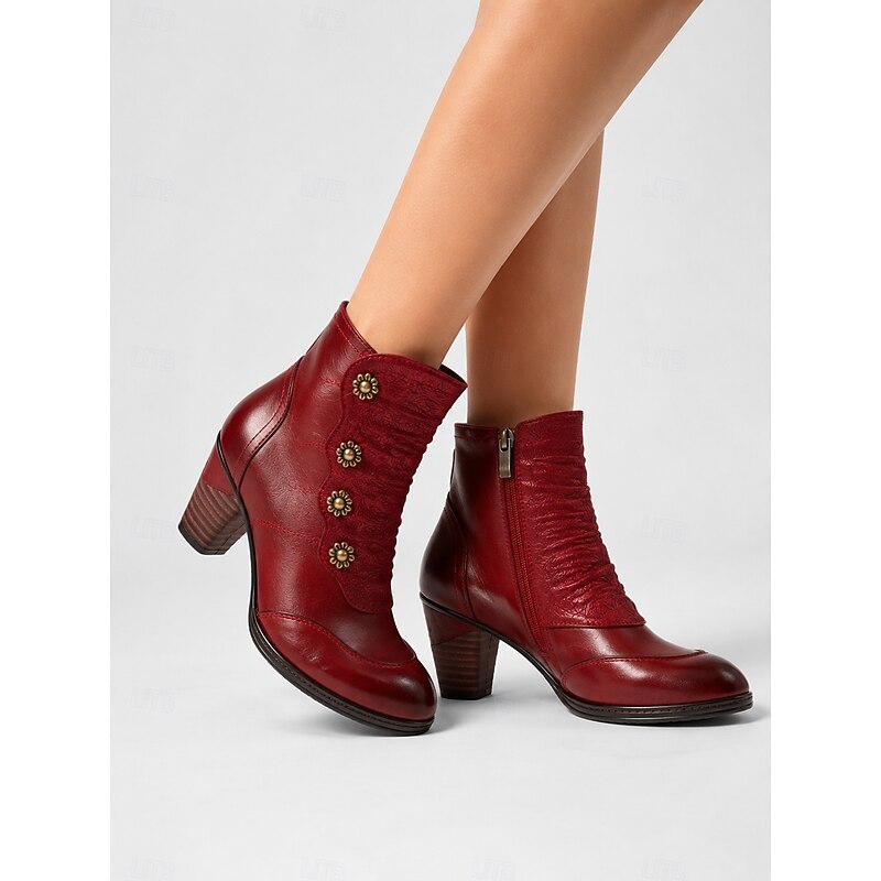 Women's Decorative-Button Ankle Boots with Block Heel