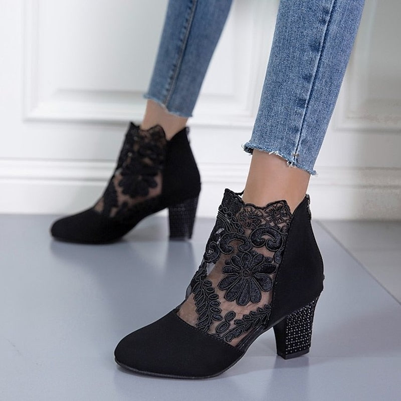 Women's Lace-Accent Heeled Ankle Boots