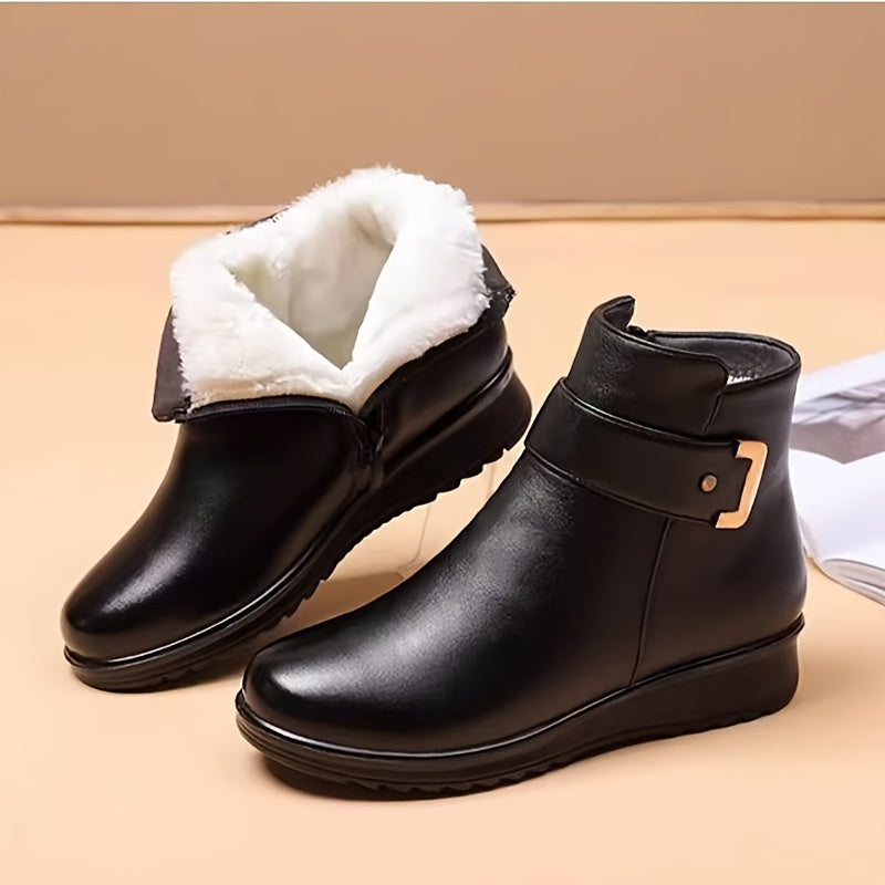 Women's Buckle-Strap Ankle Boots with Textured Trim