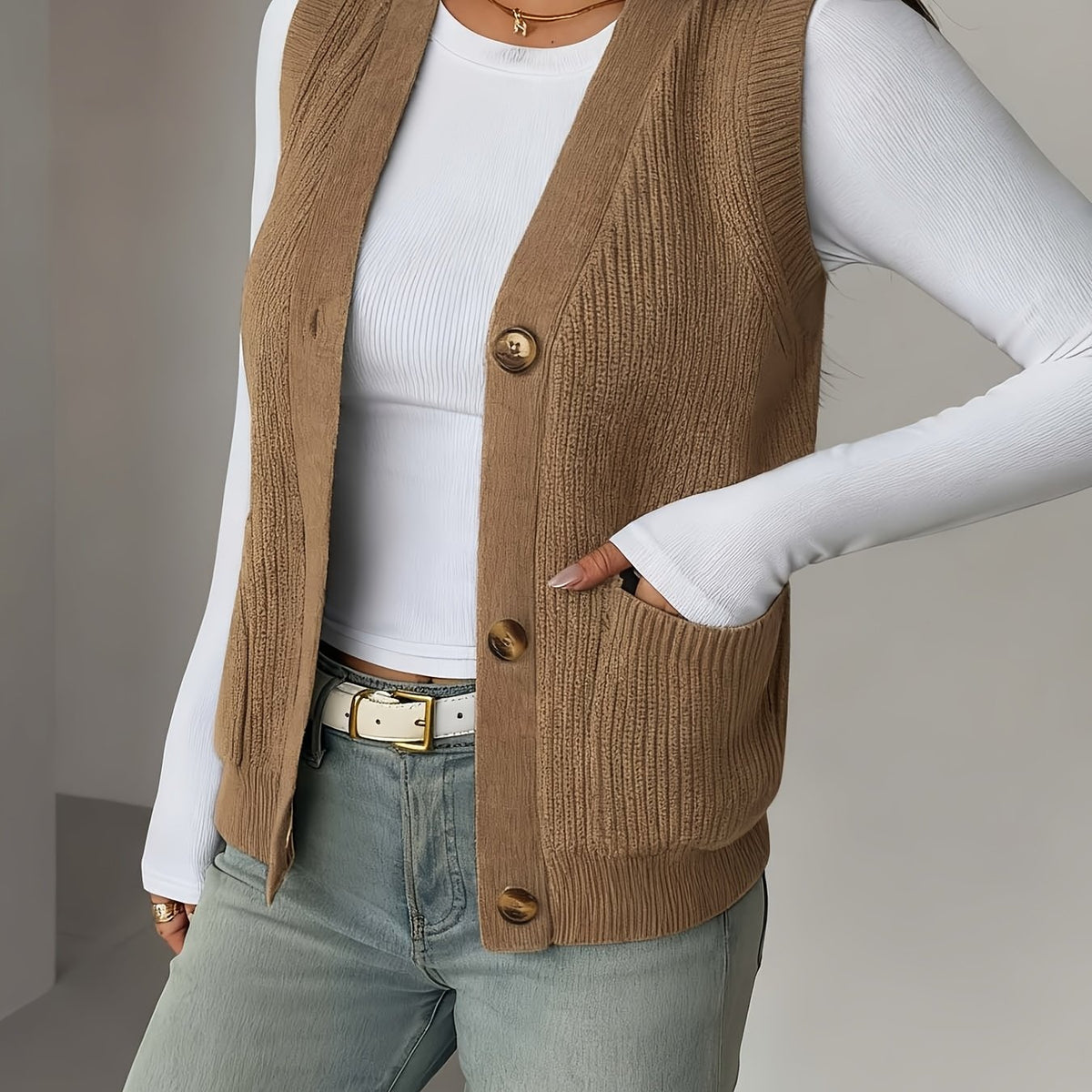 Women's Buttoned V-Neck Knit Vest
