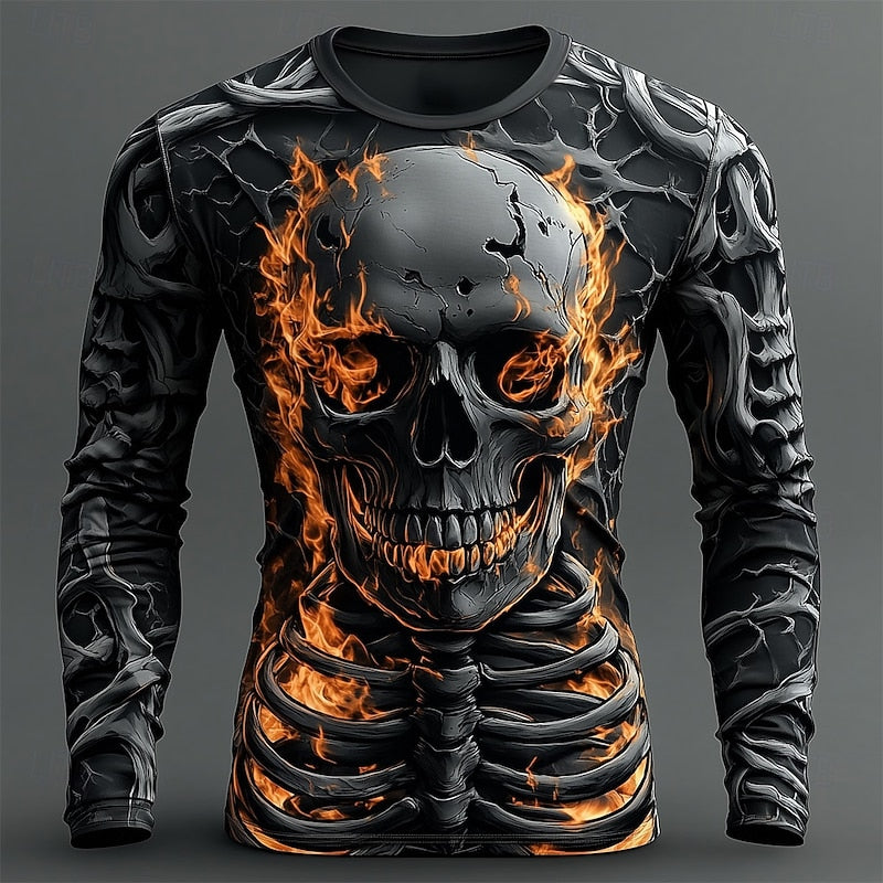Men's Flame Skeleton Halloween Long-Sleeve Shirt