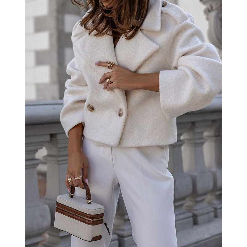 Women's Cropped Double-Breasted Coat with Wide Collar
