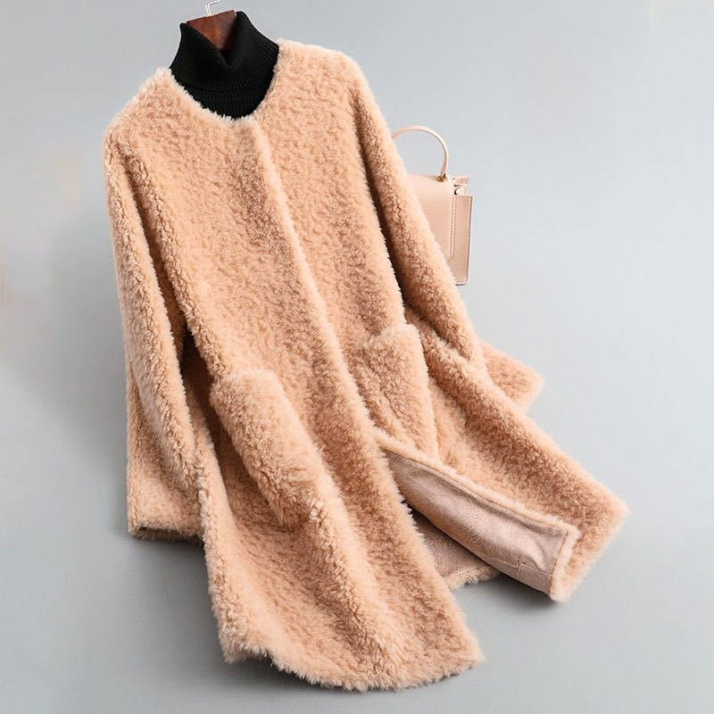Women's Long Teddy-Texture Coat with Round Neck and Draped Shape