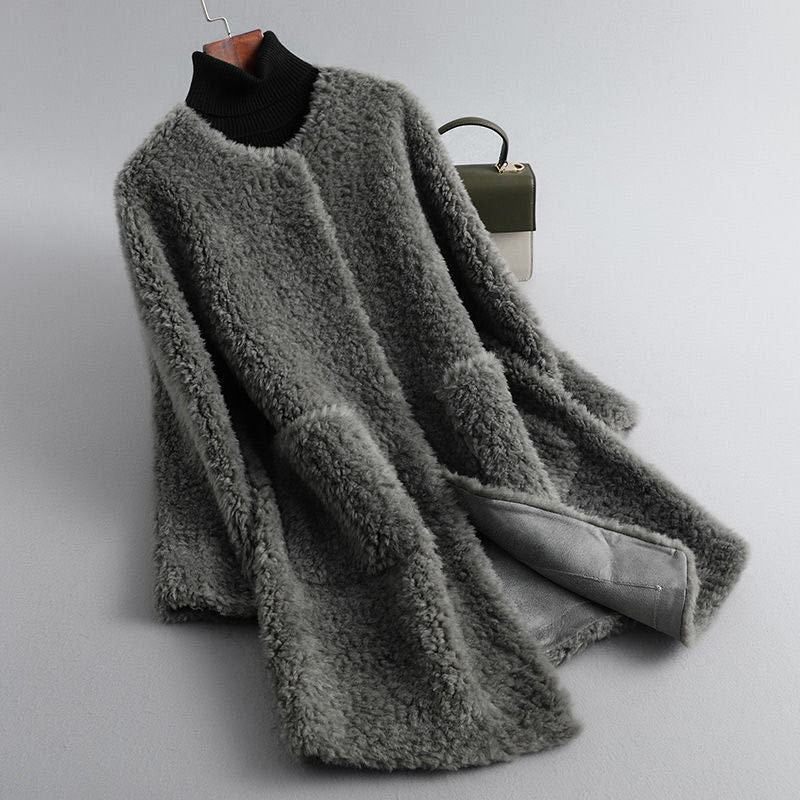 Women's Long Teddy-Texture Coat with Round Neck and Draped Shape