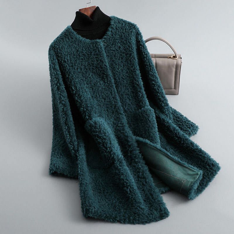 Women's Long Teddy-Texture Coat with Round Neck and Draped Shape