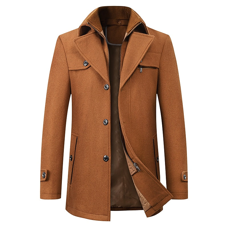 Men's Double-Breasted Longline Coat with Lapel Collar