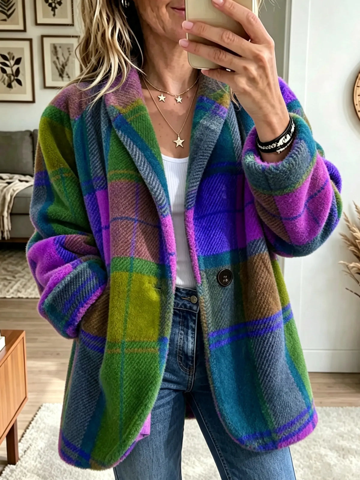 Women's Multicolor Plaid Button-Front Jacket