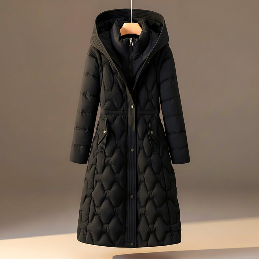 Women's Long Quilted Hooded Coat with Waist Tie and Front Fastening