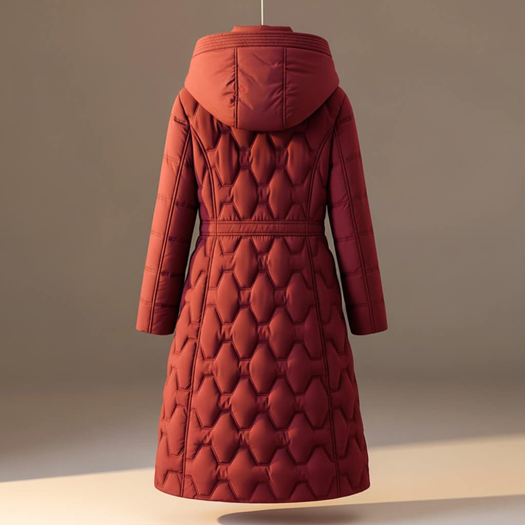 Women's Long Quilted Hooded Coat with Waist Tie and Front Fastening