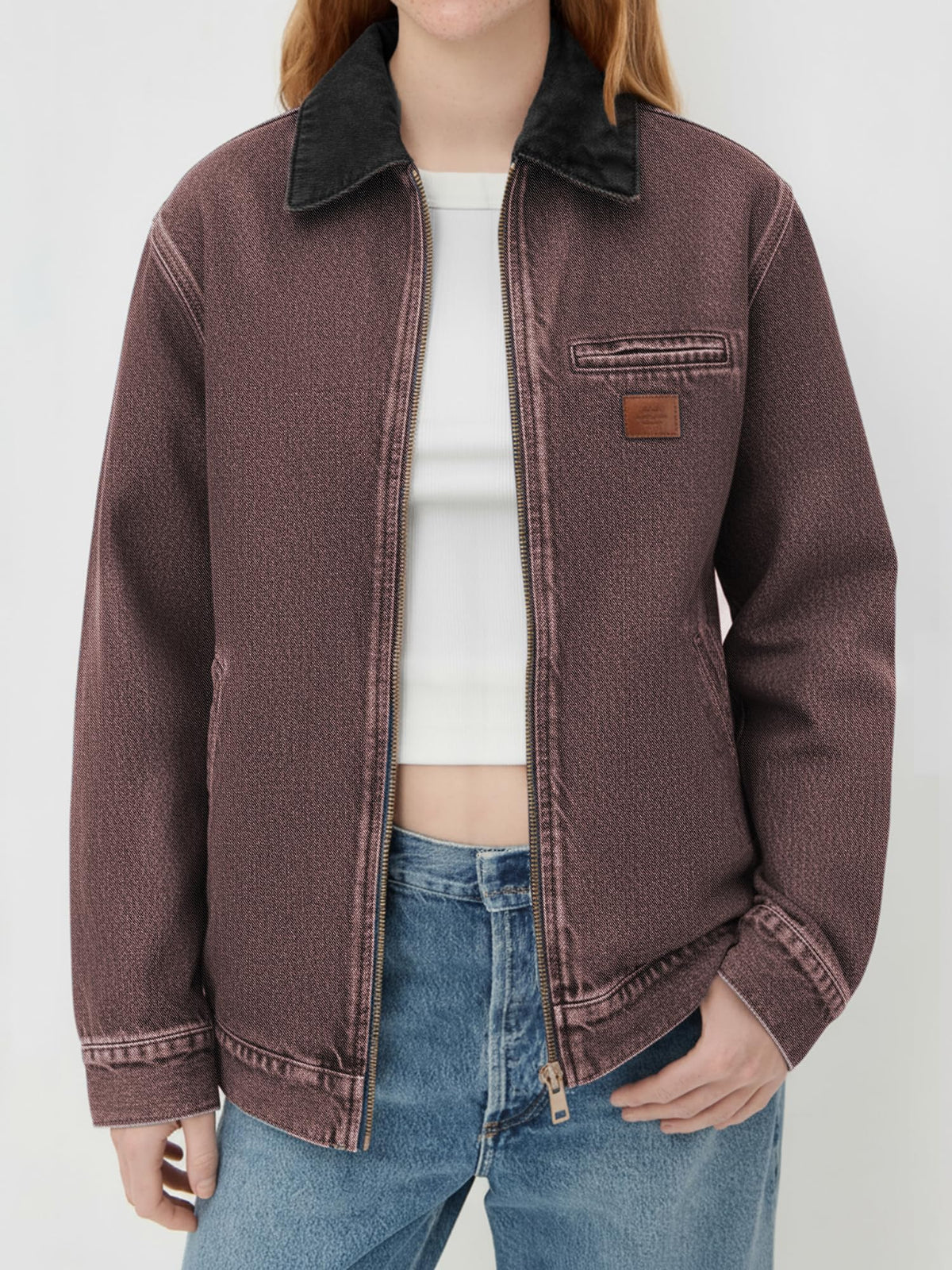 Women's Barn Jacket with Contrast Collar and Zip Front