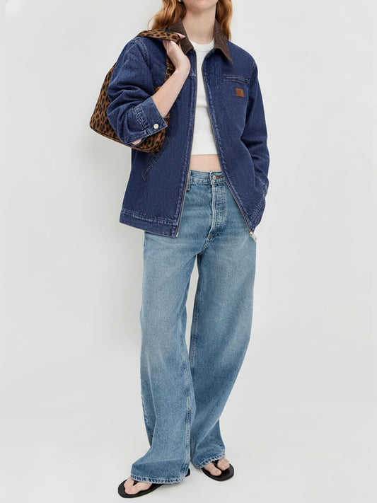 Women's Barn Jacket with Contrast Collar and Zip Front