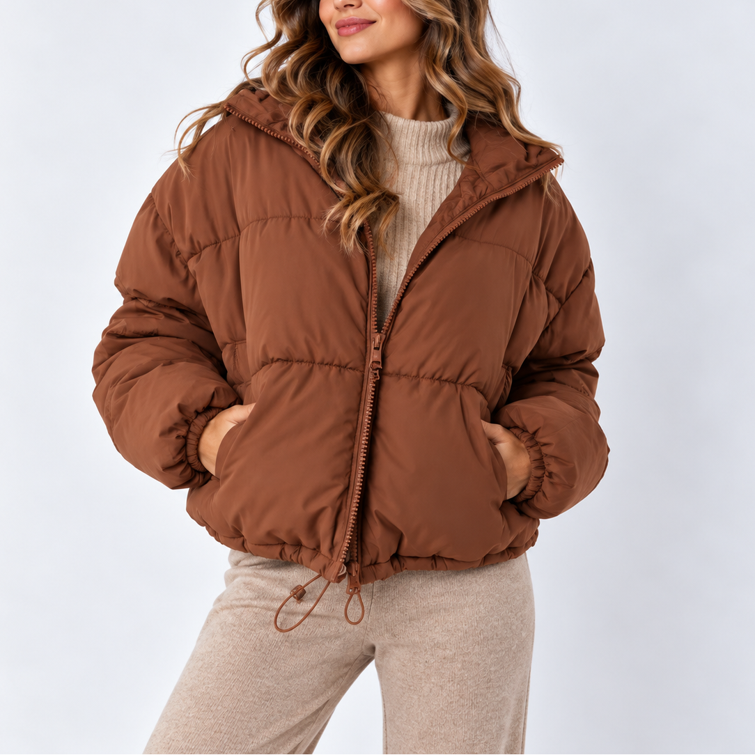 Women's Oversized Puffer Jacket with High Collar and Drawstring Hem