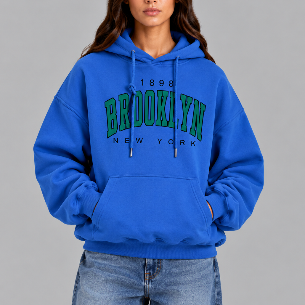 Women's Oversized Brooklyn Graphic Hoodie with Drawstring and Front Pocket