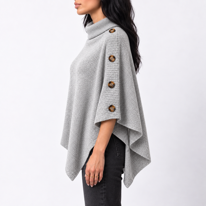 Women's Knit Turtleneck Poncho with Side Buttons and Asymmetric Hem