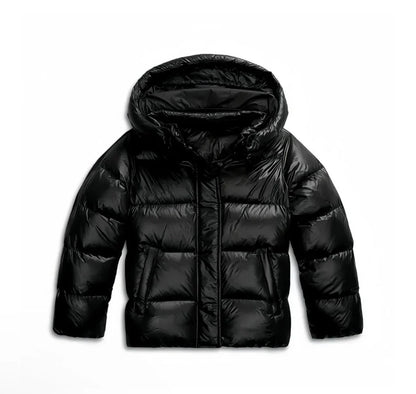 Women's Hooded Puffer Jacket with Glossy Finish and Zipper Front