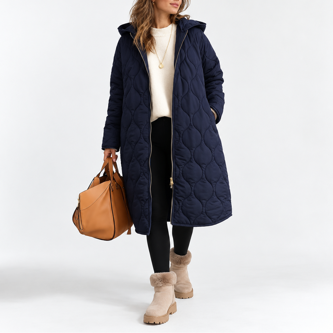 Women's Long Quilted Hooded Coat with Zipper Front and Side Pockets