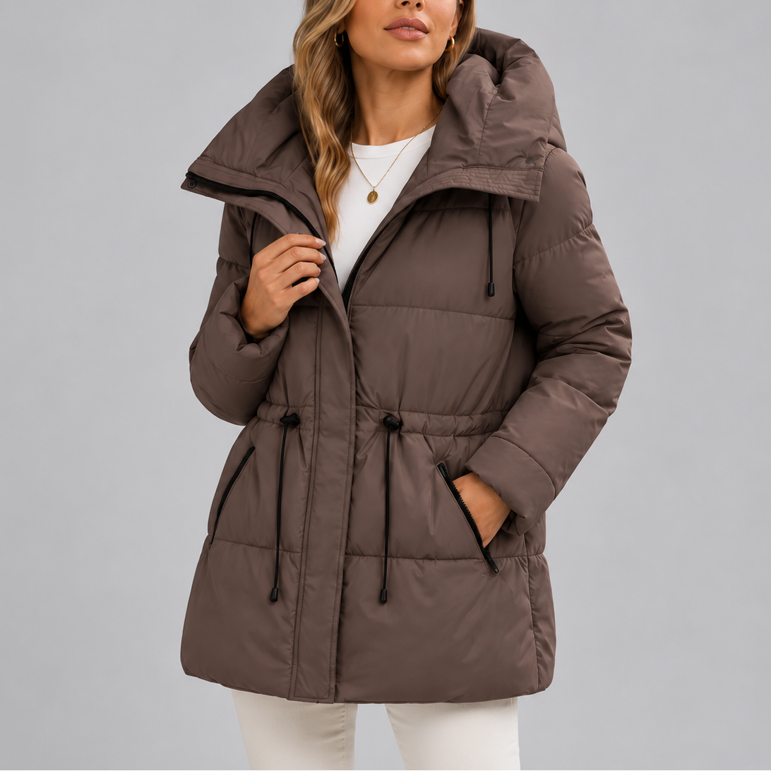 Women's Hooded Puffer Coat with Drawstring Waist and Zippered Pockets