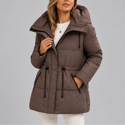 Women's Hooded Puffer Coat with Drawstring Waist and Zippered Pockets