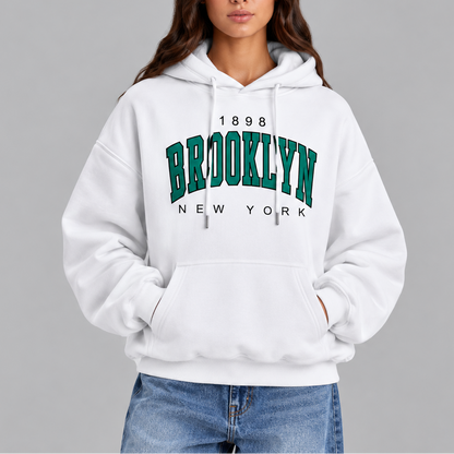 Women's Oversized Brooklyn Graphic Hoodie with Drawstring and Front Pocket
