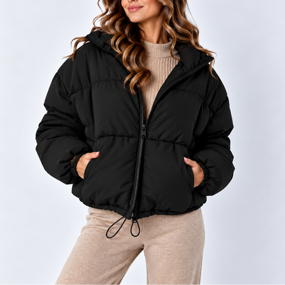 Women's Oversized Puffer Jacket with High Collar and Drawstring Hem