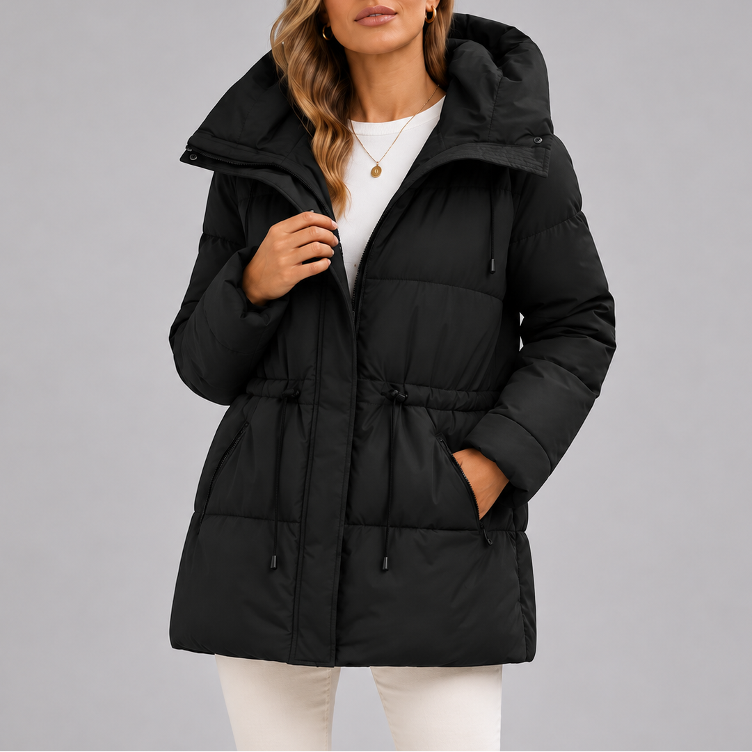 Women's Hooded Puffer Coat with Drawstring Waist and Zippered Pockets