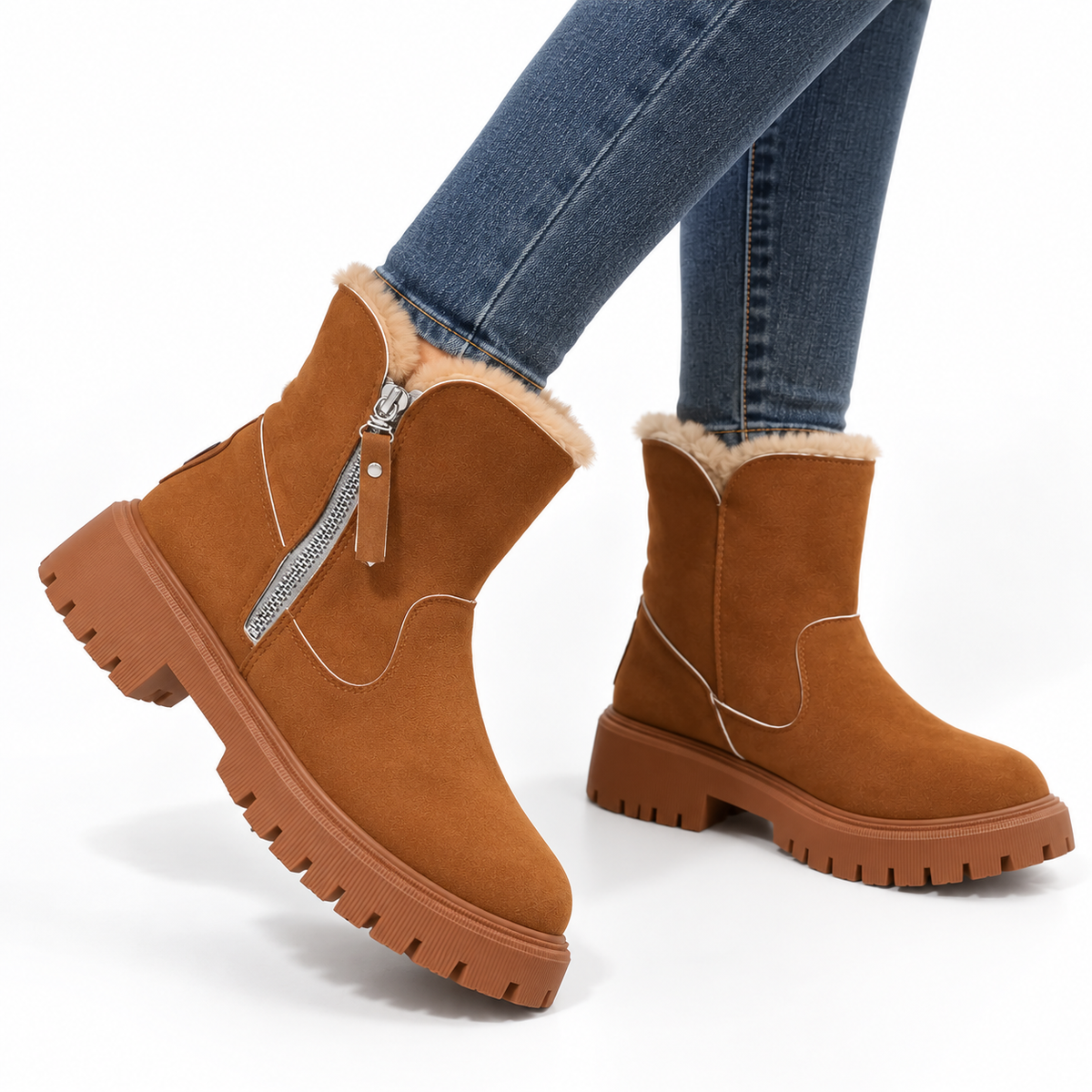 Women's Suede-Look Ankle Boots with Side Zipper and Lug Sole