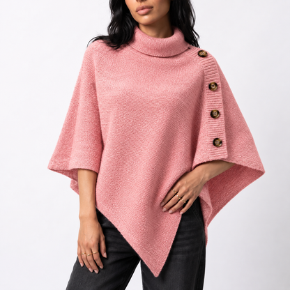 Women's Knit Turtleneck Poncho with Side Buttons and Asymmetric Hem