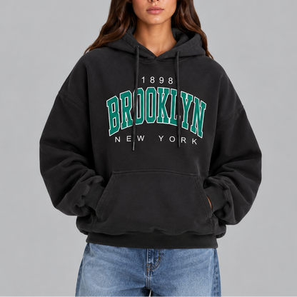 Women's Oversized Brooklyn Graphic Hoodie with Drawstring and Front Pocket