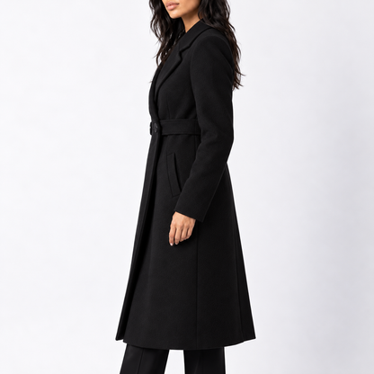 Women's Long Button-Front Coat with Wide Lapels and Shaped Waist