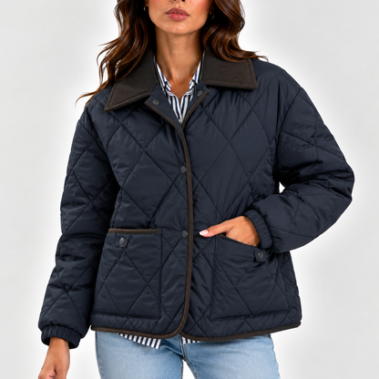 Women's Diamond-Quilted Jacket with Contrast Collar and Snap Front