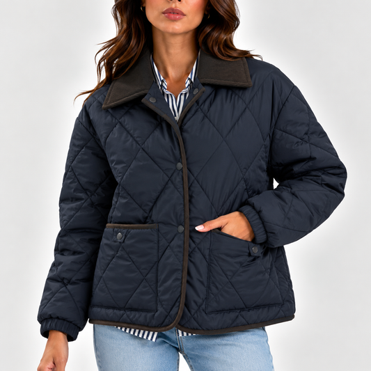 Women's Diamond-Quilted Jacket with Contrast Collar and Snap Front