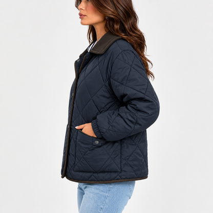 Women's Diamond-Quilted Jacket with Contrast Collar and Snap Front